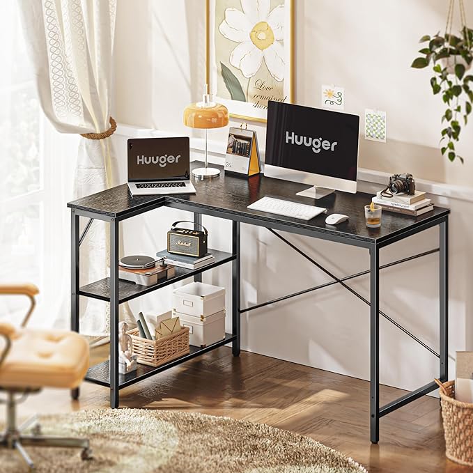 L Shaped Desk, 47 Inches Computer Desk with Reversible Storage Shelves, Gaming Desk, Corner Desk Home Office Desks, Writing Desk Study Desk with Metal Frame, Black - LeafyLoom