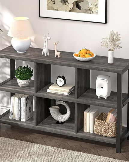 FOLUBAN 6 Cube Storage Organizer with Shelf, Wood and Metal Cubby Bookcase, Industrial Low Horizontal Bookshelf (Dark Grey, 47 Inch) - LeafyLoom
