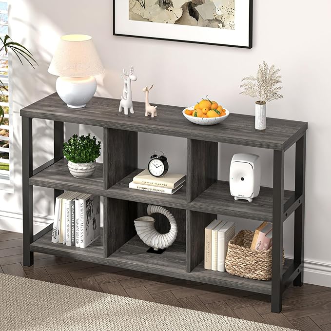 FOLUBAN 6 Cube Storage Organizer with Shelf, Wood and Metal Cubby Bookcase, Industrial Low Horizontal Bookshelf (Dark Grey, 47 Inch) - LeafyLoom