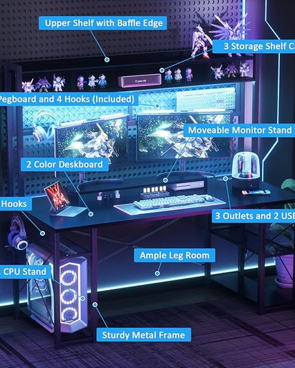armocity 2024 Upgrade Gaming Desk with Hutch, 55.2'' Magic Computer Desk with LED Lights and Outlets, Reversible Workstation Desk with Pegboard and Monitor Stand, Gamer Desk PC Table, Black - LeafyLoom
