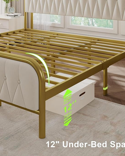 Feonase King Bed Frame with Type-C & USB Ports, Metal Platform Beds, with Velvet Upholstered Headboard & Footboard, 12" Underbed Storage Space, Easy Assembly, Noise-Free, Beige - LeafyLoom