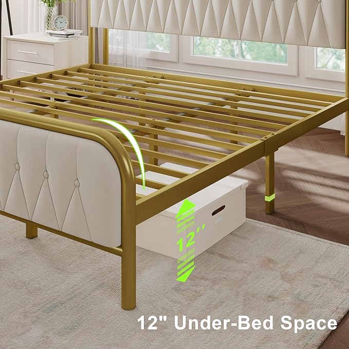Feonase King Bed Frame with Type-C & USB Ports, Metal Platform Beds, with Velvet Upholstered Headboard & Footboard, 12" Underbed Storage Space, Easy Assembly, Noise-Free, Beige - LeafyLoom