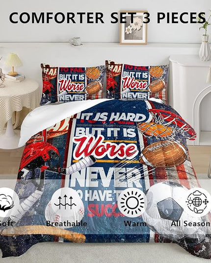 Axolotl Sports Comforter Set Full Size,Sports Theme Comforter Set Football Baseball Bedding Set,Sports Bedding Set 3D Soccer Comforter Set Basketball Bedding for Kids Boys Teens,1 Quilt 2 Pillowcases - LeafyLoom