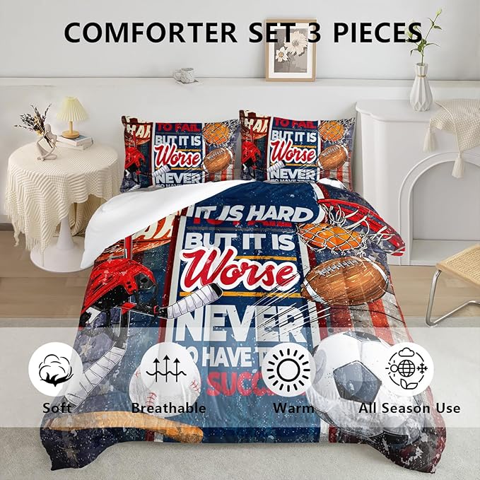 Axolotl Sports Comforter Set Full Size,Sports Theme Comforter Set Football Baseball Bedding Set,Sports Bedding Set 3D Soccer Comforter Set Basketball Bedding for Kids Boys Teens,1 Quilt 2 Pillowcases - LeafyLoom