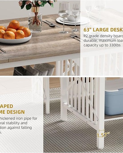 DWVO 3-Piece Dining Table Set for 4-6 People, 63" Dining Room Table with 2 Benches, Industrial Rectangular Dining Room Table Set with Storage for Kitchen, Dining Room, Washed Grey - LeafyLoom