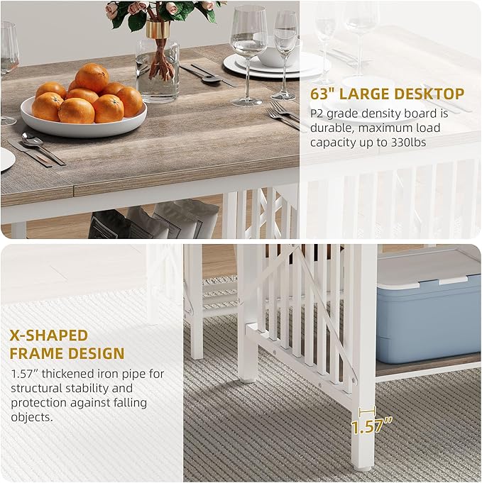 DWVO 3-Piece Dining Table Set for 4-6 People, 63" Dining Room Table with 2 Benches, Industrial Rectangular Dining Room Table Set with Storage for Kitchen, Dining Room, Washed Grey - LeafyLoom
