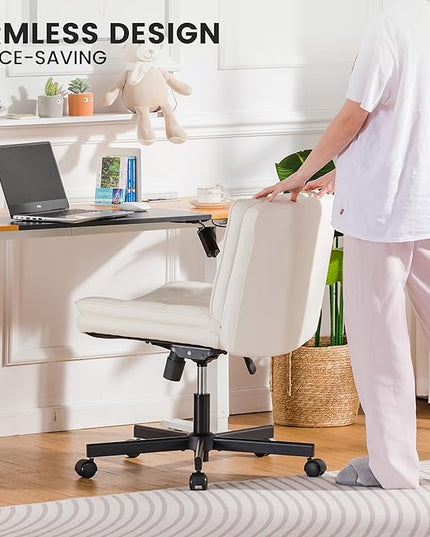 COMHOMA Criss Cross Chair with Wheels, Armless Wide Cross Legged Office Chair Mid Back, Modern Home Office Desk Chair Swivel Adjustable Vanity Computer Chair, Beige - LeafyLoom