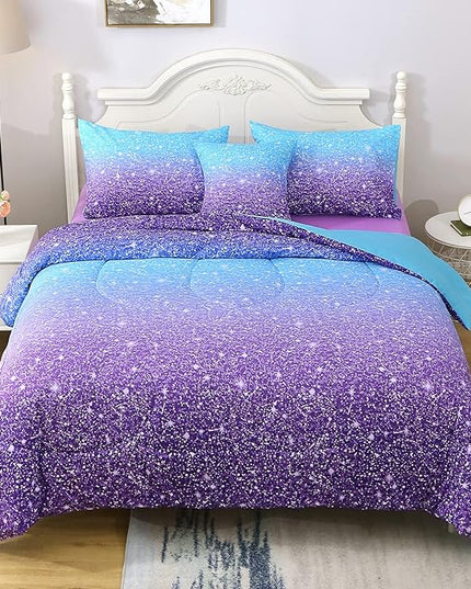 JQinHome Glitter Comforter Set Twin Size,6 Piece Bed in A Bag 3D Colorful Ombre Bedding Set for Girls kids(1 Comforter,2 Pillowcases,1 Flat Sheet,1 Fitted Sheet,1 Cushion Cover)(Blue Purple) - LeafyLoom