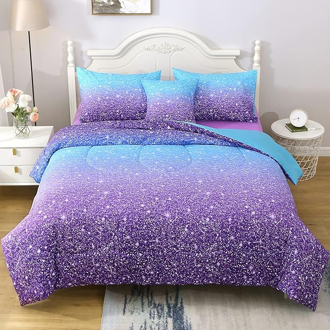 JQinHome Glitter Comforter Set Twin Size,6 Piece Bed in A Bag 3D Colorful Ombre Bedding Set for Girls kids(1 Comforter,2 Pillowcases,1 Flat Sheet,1 Fitted Sheet,1 Cushion Cover)(Blue Purple) - LeafyLoom
