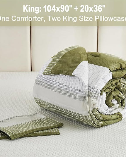 Litanika Olive Green Comforter Set King - 3 Pieces Lightweight Olive Green White Colorblock Stripe Fluffy Bedding Comforter Sets, All Season Bed Set - LeafyLoom