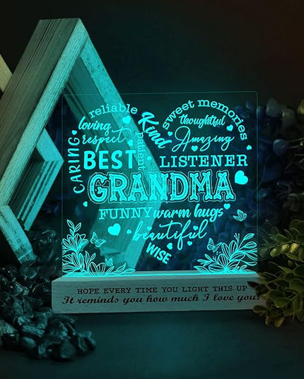 Grandma Gifts from Grandkids, Grandma Night Light, to My Grandma Lamp, Mothers Day Birthday Christmas Gifts for Grandma, Grandmother, Lamp with Wooden Base for Women, Gifts Bedroom Décor - LeafyLoom