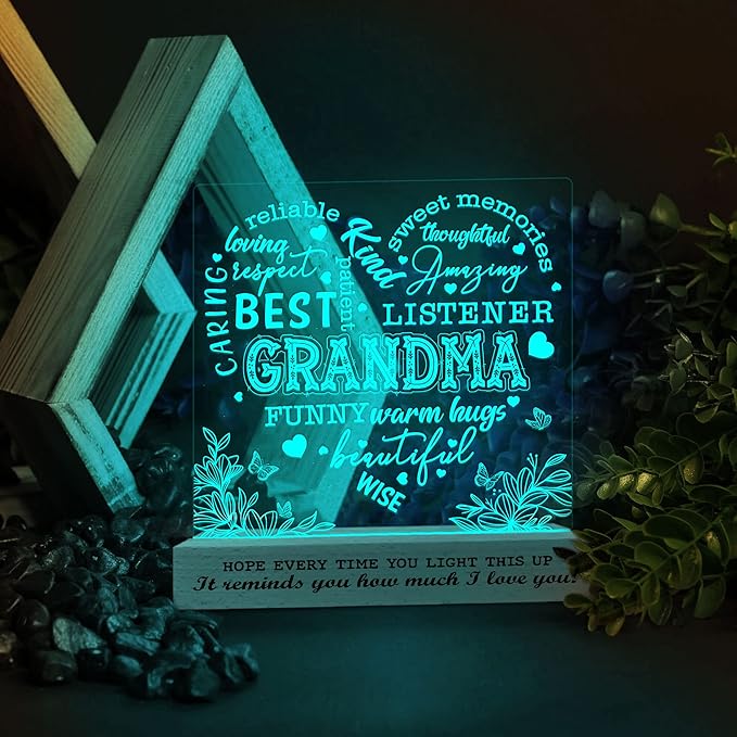 Grandma Gifts from Grandkids, Grandma Night Light, to My Grandma Lamp, Mothers Day Birthday Christmas Gifts for Grandma, Grandmother, Lamp with Wooden Base for Women, Gifts Bedroom Décor - LeafyLoom