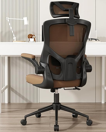 𝑯𝑶𝑴𝑬 𝑶𝑭𝑭𝑰𝑪𝑬 𝑪𝑯𝑨𝑰𝑹, Ergonomic Mesh Desk Chair, High Back Computer Chair- Adjustable Headrest with Flip-Up Arms, Lumbar Support, Swivel Executive Task Chair (Mummy Brown, Modern) - LeafyLoom