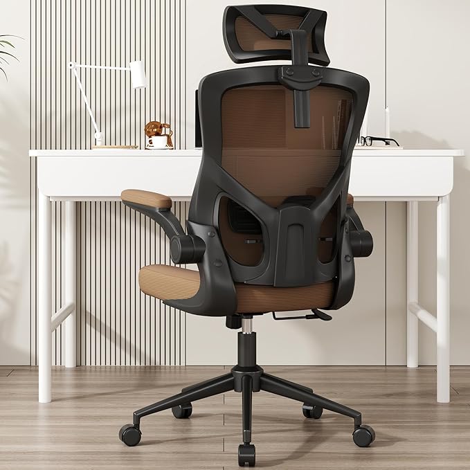 𝑯𝑶𝑴𝑬 𝑶𝑭𝑭𝑰𝑪𝑬 𝑪𝑯𝑨𝑰𝑹, Ergonomic Mesh Desk Chair, High Back Computer Chair- Adjustable Headrest with Flip-Up Arms, Lumbar Support, Swivel Executive Task Chair (Mummy Brown, Modern) - LeafyLoom