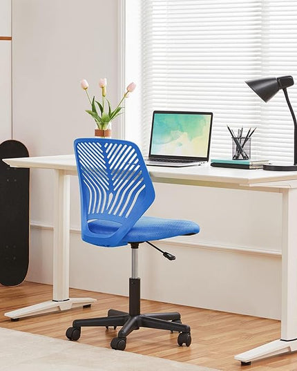 Yaheetech Students Desk Chair Low-Back Armless Study Chair Swivel Task Chair Cute Bedroom Chair with Lumbar Support Adjustable Height for Youth, Blue - LeafyLoom