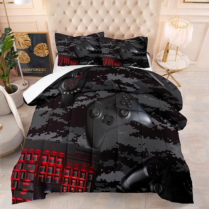Tailor Shop Gaming Comforter Set Twin Size for Boys, Black Camouflage Gamer Bedding Sets for Boys Kids Teenage, All Season 2 Piece Gaming Bed Set with 1 Comforter and 1 Matching Pillowcase - LeafyLoom