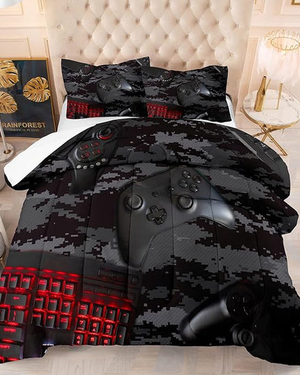 Tailor Shop Gaming Comforter Set Full Size for Boys, Black Camouflage Gamer Bedding Sets for Boys Kids Teenage, All Season 3 Piece Gaming Bed Set with 1 Comforter and 2 Matching Pillowcases… - LeafyLoom