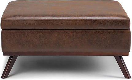 SIMPLIHOME Owen 36 Inch Wide Mid Century Modern Square Coffee Table Lift Top Storage Ottoman in Upholstered Distressed Chestnut Brown Faux Leather, For the Living Room - LeafyLoom