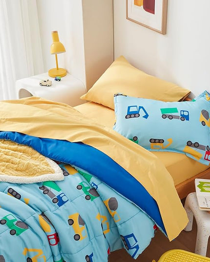 SLEEP ZONE Kids Twin Bedding Comforter Set - Super Cute & Soft Kids Bedding 5 Pieces Set with Comforter, Sheet, Pillowcase & Sham (Construction Truck) - LeafyLoom
