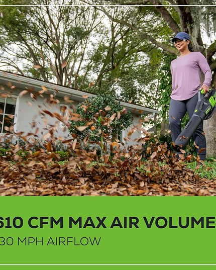 Greenworks 60V 610 CFM Cordless Leaf Blower, 2.5 Ah Battery and Rapid Charger - LeafyLoom