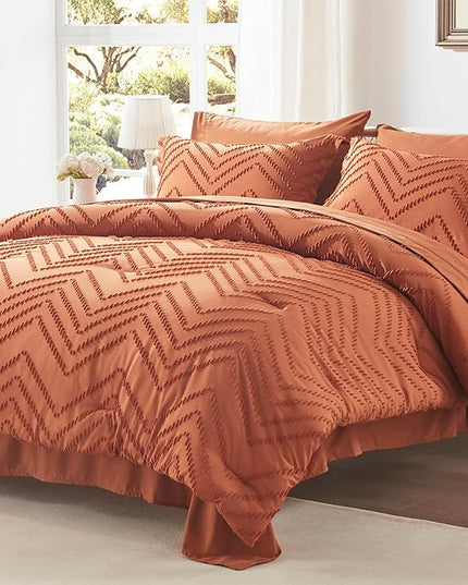 Anluoer Full Comforter Set, Burnt Orange Tufted Bed in a Bag 7 Pieces with comforters and sheets, All Season Bedding Sets with 1 Comforter, 2 PillowShams, 2 Pillowcases, 1 Flat Sheet, 1 Fitted Sheet - LeafyLoom