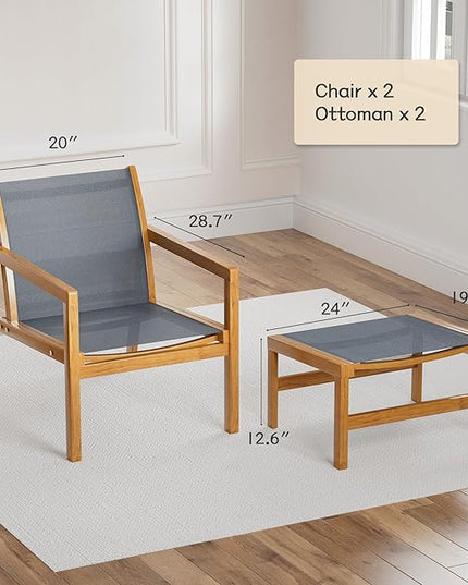 Greesum 4 Piece Furniture Outdoor Acacia Wood Chair with Ottoman for Porch, Balcony, Deck, Patio, Backyard, Gray - LeafyLoom