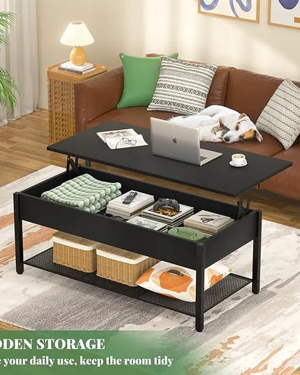 Homieasy Coffee Table, Lift Top Coffee Table with Storage Shelf and Hidden Compartment, Modern Lift Top Table for Living Room, Wood Lift Tabletop, Metal Frame - Black - LeafyLoom