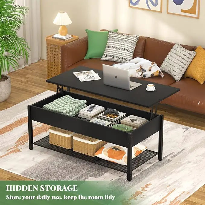 Homieasy Coffee Table, Lift Top Coffee Table with Storage Shelf and Hidden Compartment, Modern Lift Top Table for Living Room, Wood Lift Tabletop, Metal Frame - Black - LeafyLoom