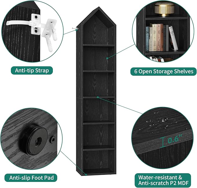 YITAHOME 73" Tall Narrow Bookshelf, Modern Open 5 Tier Bookcase, Wooden Shelf Stand for Small Spaces, Display Shelving Storage Rack for Bedroom, Living Room, Home Office, Black - LeafyLoom