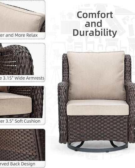 IDEALHOUSE 3 Pieces Outdoor Wicker Swivel Rocker Patio Set, 360-Degree Swivel Rocking Chair Elegant Wicker Patio Bistro Set with Tempered Glass Top Side Table (Apricot) - LeafyLoom