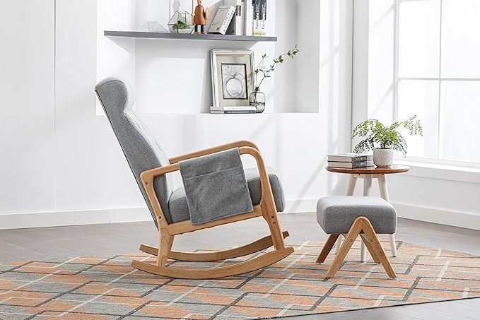 Armchair with Ottoman, Mid-Century Upholstered Accent Nursery, Glider Rocker Thick Cushion, Comfy Indoor Leisure Lounge Living Room, Bedroom, Office, Rocking Chair, Gray - LeafyLoom