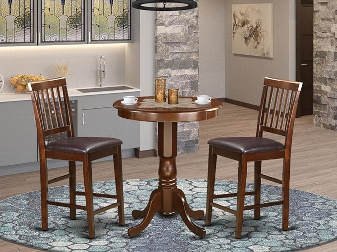 East West Furniture EDVN3-MAH-LC Eden 3 Piece Counter Height Set Contains a Round Dining Room Table with Pedestal and 2 Faux Leather Upholstered Chairs, 30x30 Inch - LeafyLoom