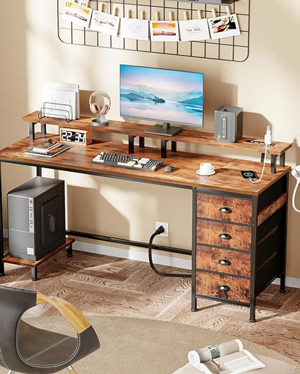 Furologee 55in Computer Desk with 4 Drawers, LED Gaming Desk with Power Outlets, Office Desk with Full Monitor Stand and Storage Shelf, Study Work Desk for Home Office Bedroom, Rustic Brown - LeafyLoom
