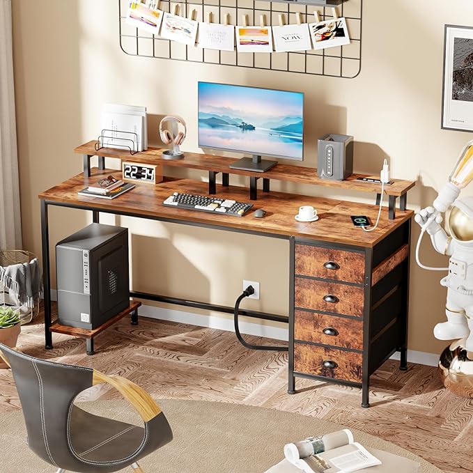 Furologee 55in Computer Desk with 4 Drawers, LED Gaming Desk with Power Outlets, Office Desk with Full Monitor Stand and Storage Shelf, Study Work Desk for Home Office Bedroom, Rustic Brown - LeafyLoom