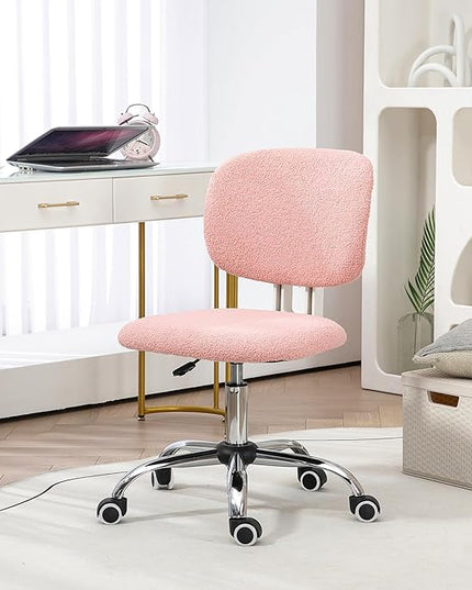 Vinsetto Cute Armless Office Chair, Teddy Fleece Fabric Computer Desk Chair, Vanity Task Chair with Adjustable Height, Swivel Wheels, Mid Back, Pink - LeafyLoom