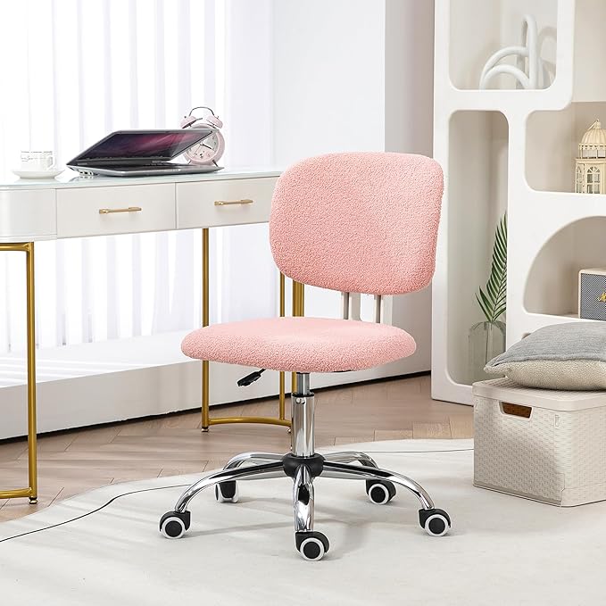 Vinsetto Cute Armless Office Chair, Teddy Fleece Fabric Computer Desk Chair, Vanity Task Chair with Adjustable Height, Swivel Wheels, Mid Back, Pink - LeafyLoom