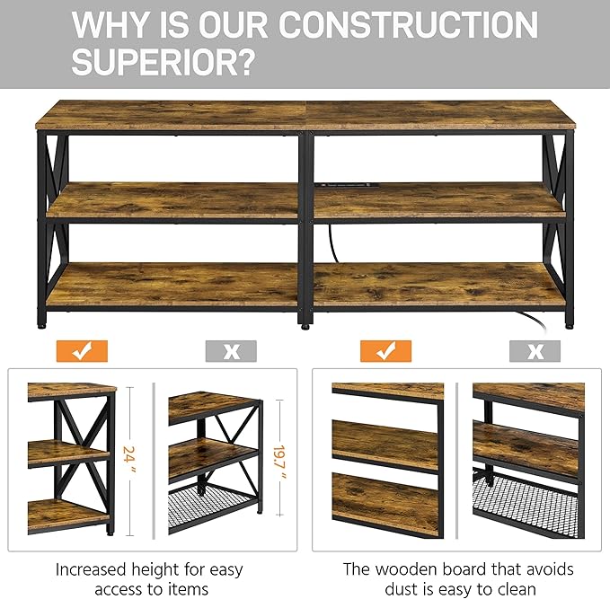 Yaheetech TV Stand with Power Outlet, Industrial TV Stand for 75 Inch TVs, Media TV Console Table with Open Storage Shelves for Living Room, Rustic Brown - LeafyLoom