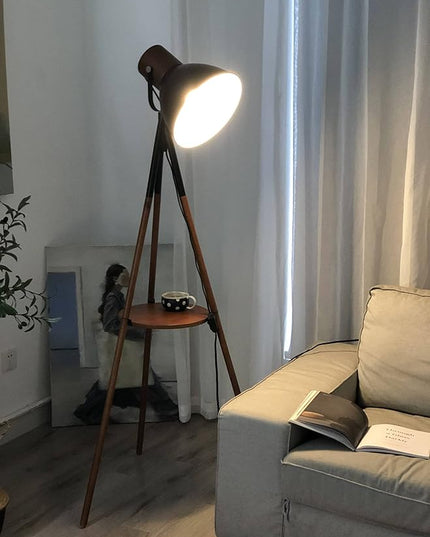 ELYONA Dimmable Tripod Floor Lamp with Table, Wood Standing Lamp with Adjustable Metal Shade, Modern End Table with Reading Light for Livingroom, Bedroom, Office, LED Bulb Included, Black & Brown - LeafyLoom
