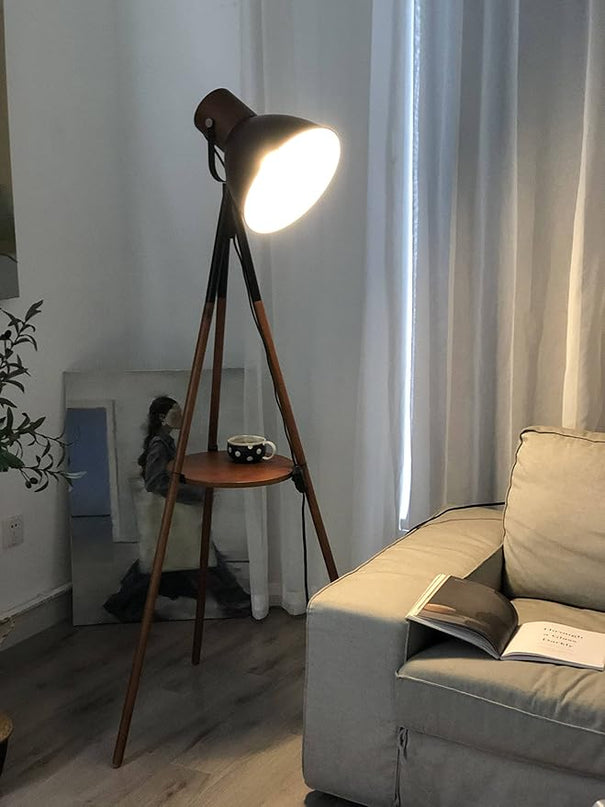 ELYONA Dimmable Tripod Floor Lamp with Table, Wood Standing Lamp with Adjustable Metal Shade, Modern End Table with Reading Light for Livingroom, Bedroom, Office, LED Bulb Included, Black & Brown - LeafyLoom