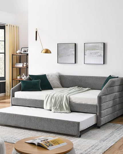 Linen Upholstered Full Size Daybed with Trundle, Solid Wooden Sofa Bedframe w/Pull Out Bed and Tufted Decorate, No Box Spring Needed, for Kids, Bedroom, Dorm - LeafyLoom