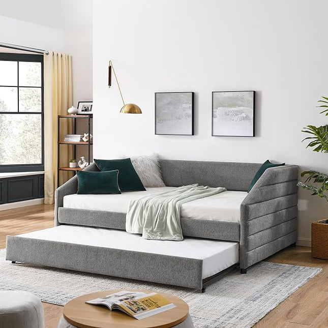 Linen Upholstered Full Size Daybed with Trundle, Solid Wooden Sofa Bedframe w/Pull Out Bed and Tufted Decorate, No Box Spring Needed, for Kids, Bedroom, Dorm - LeafyLoom