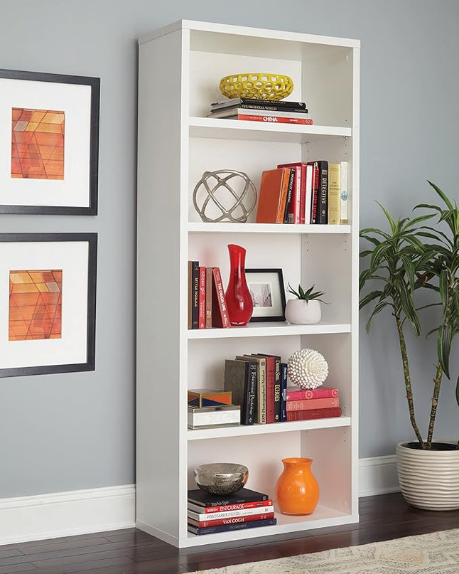 ClosetMaid Bookshelf with 5 Shelf Tiers, Adjustable Shelves, Tall Bookcase Sturdy Wood with Closed Back Panel, White Finish - LeafyLoom