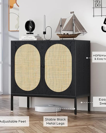 Brafab Set of 2 Rattan Cabinet Buffet Cabinet, Sideboard Cabinet with Natural Rattan Decorated Doors, Accent Cabinet, for Living Room, Entryway, Bedroom, Dining Room/Oval Doors, Black - LeafyLoom
