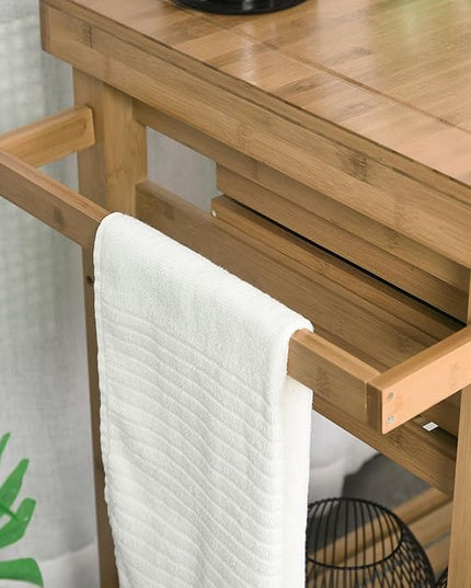 HOMCOM Bamboo Kitchen Island Cart on Wheels, Utility Trolley Cart with 2 Storage Drawers and Open Shelves, Natural - LeafyLoom