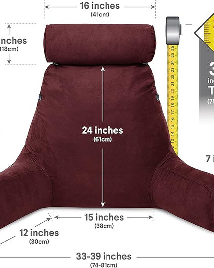 Husband Pillow XXL Aspen Edition, Adult Reading Sit Up Bed Rest Pillow for Bed with Arms & Neck Roll on Bungee Cord, Premium Memory Foam, Reversible 2 Sided Cover Micro Suede or Plush, Arizona Maroon - LeafyLoom