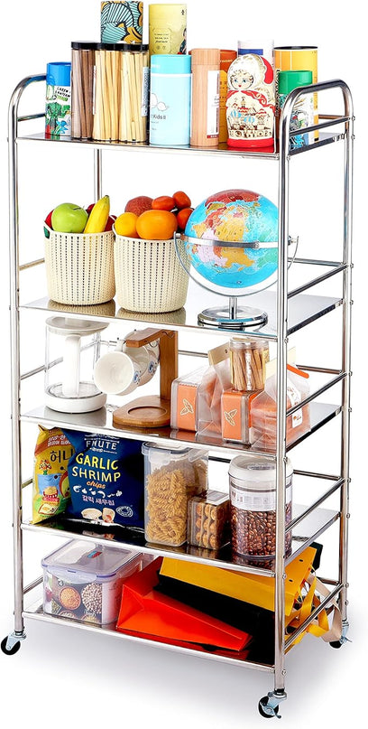Stainless Steel Cart with Wheels 5 Tier | Stainless Steel Kitchen Cart | Stainless Steel Utility Cart | Metal Cart with Wheels | Suitable for Various Occasions | Movable, Gift tools - LeafyLoom