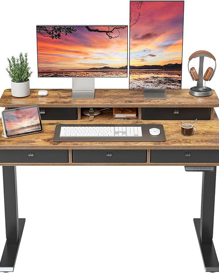 FEZIBO Height Adjustable Electric Standing Desk with 5 Drawers, 48 x 24 Inch Table with Storage Shelf, Sit Stand Desk Black Frame/Rustic Brown Top, 48 inch - LeafyLoom