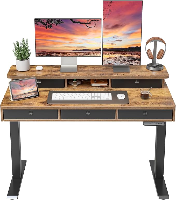 FEZIBO Height Adjustable Electric Standing Desk with 5 Drawers, 48 x 24 Inch Table with Storage Shelf, Sit Stand Desk Black Frame/Rustic Brown Top, 48 inch - LeafyLoom