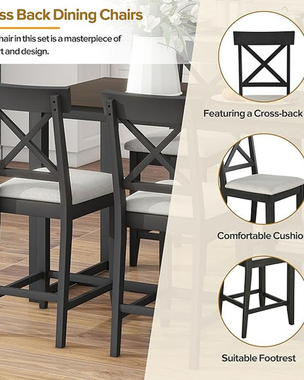 NicBex Dining Table for 4 Small Kitchen Table Set for 4 Solid Wood Farmhouse Counter Height Dining Table Set with 3-Tier Storage Shelves, Upholstered Dining Chairs for 4, Gray - LeafyLoom