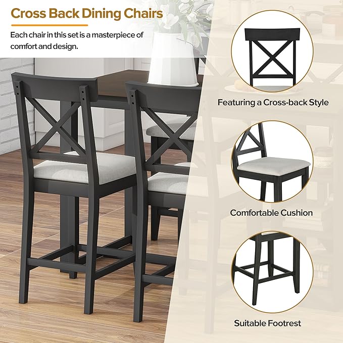 NicBex Dining Table for 4 Small Kitchen Table Set for 4 Solid Wood Farmhouse Counter Height Dining Table Set with 3-Tier Storage Shelves, Upholstered Dining Chairs for 4, Gray - LeafyLoom